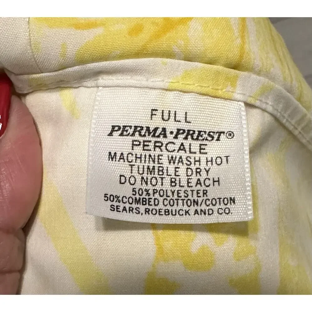 VTG Sears Full Sz Flat Sheet 2 Pillowcase Perma Prest Percale Yellow Grannycore